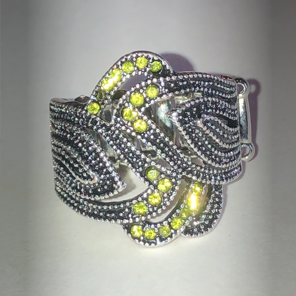 Silver Tone Ring with Green Crystal Accents